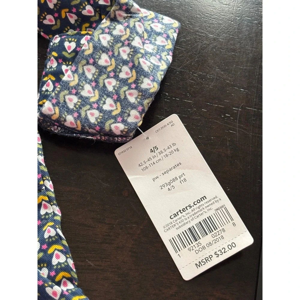 Carters Kid Girls Navy Blue Heart Floral Button Down Shirt Long Sleeve Size 4/5